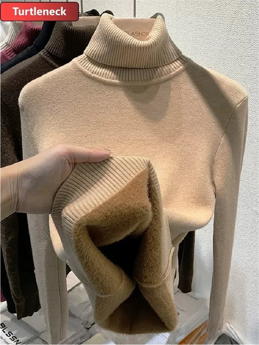 Winter Warm Sweater Pullover Women Slim Thicken Plush Velvet Lined Knitwear Jumper Korean Half Turtleneck Poleras Soft Knit Tops
