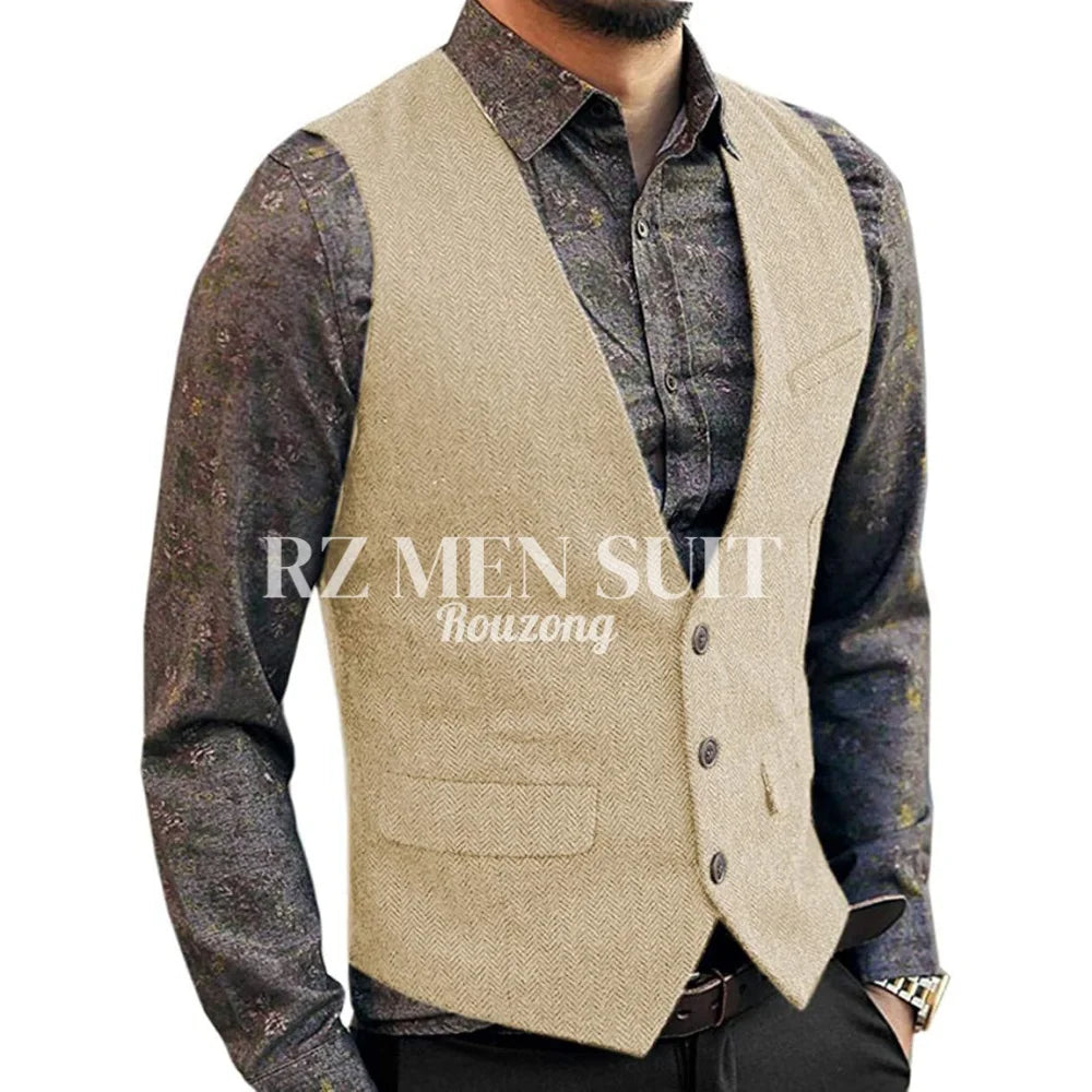 Men's Herringbone Tweed Wool Suit Vest Single Breasted Slim Fit Waistcoat Vest chaleco para hombre