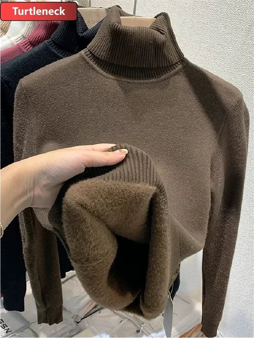 Winter Warm Sweater Pullover Women Slim Thicken Plush Velvet Lined Knitwear Jumper Korean Half Turtleneck Poleras Soft Knit Tops