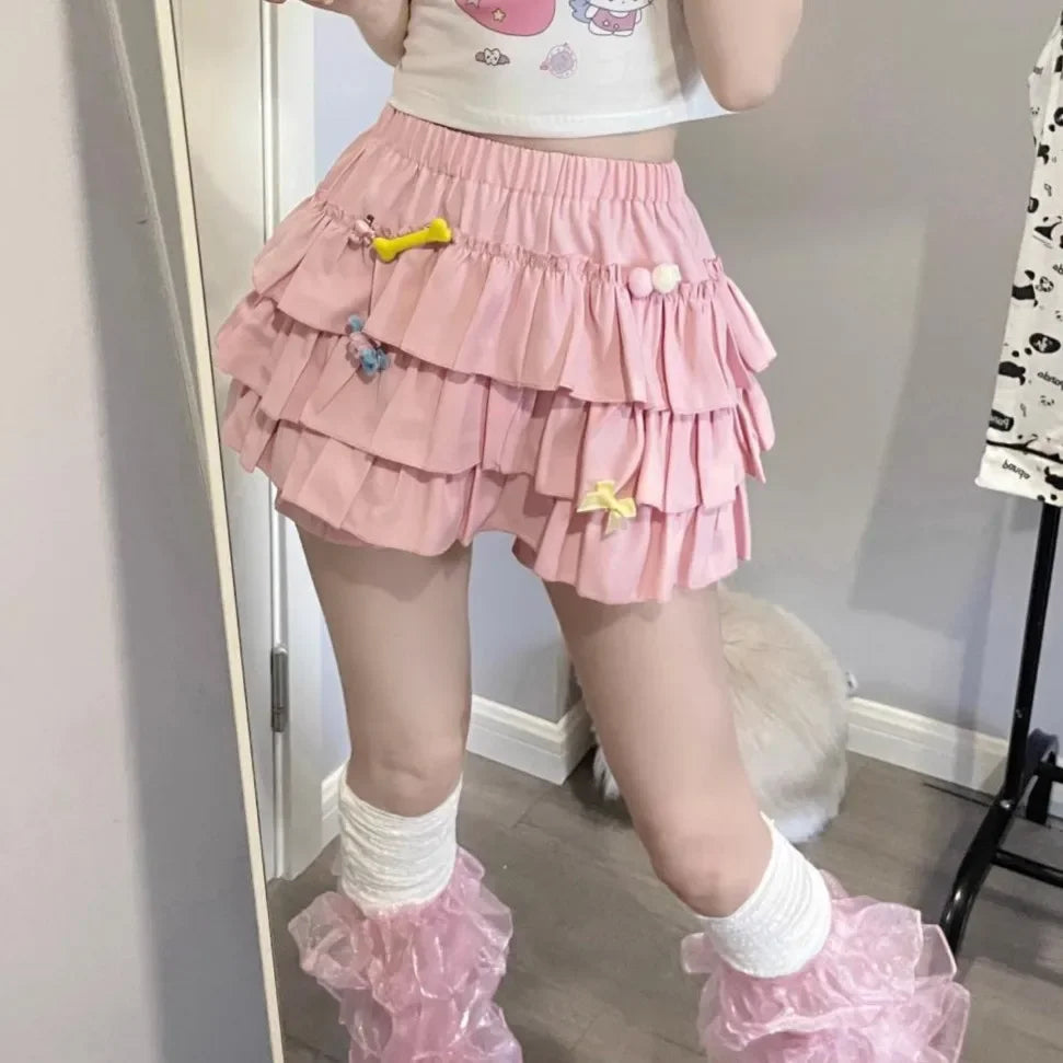 Puffy Cake Mini Skirts Women Ruched Ruffle High Waist Solid All-match Sweet Lovely Girls College Harajuku Trendy Streetwear Ins