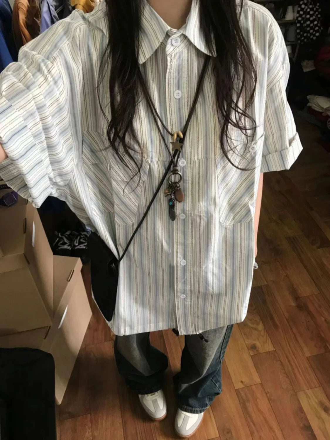 XEJ Chiffon Blouse for Women Japanese Retro Striped Short Sleeved Shirt for Women in Summer 2024 Short Sleeve Shirt Tops Y2k