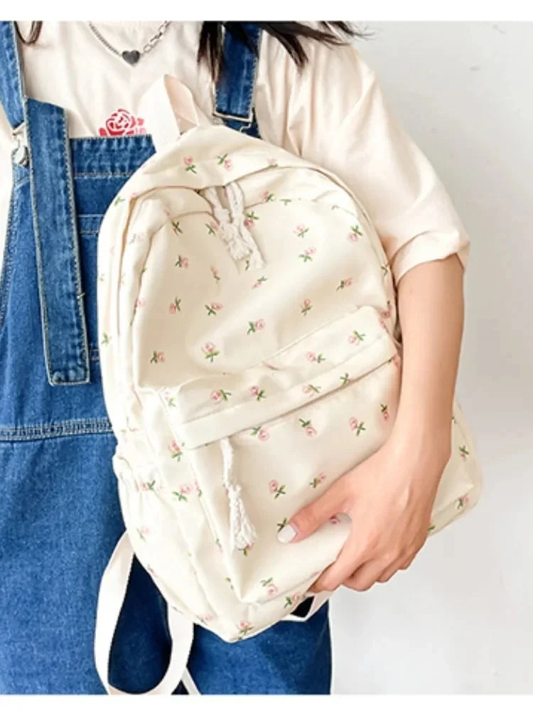 Nylon Backpack New Simple And Fresh Large Capacity Backpack For Junior High School Students Small Floral Backpack