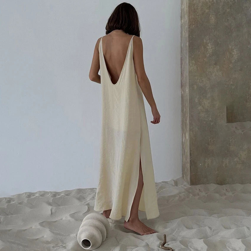 Linad Summer Casual White Long Dress Sexy Loose Backless Split Dresses Woman Street Chic V Neck Straight Dress For Women 2025