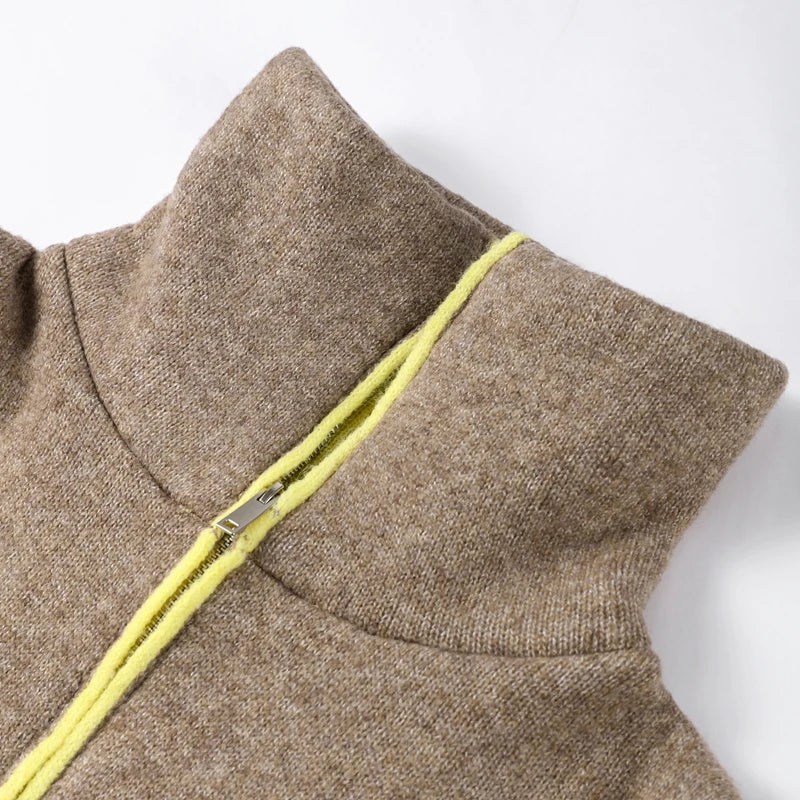 Fashion Contrast Knit Coat Women Stand Collar Zipper Pockets Full Sleeve Jacket 2025 Autumn Lady Elegant Outwear 2026 Spring New