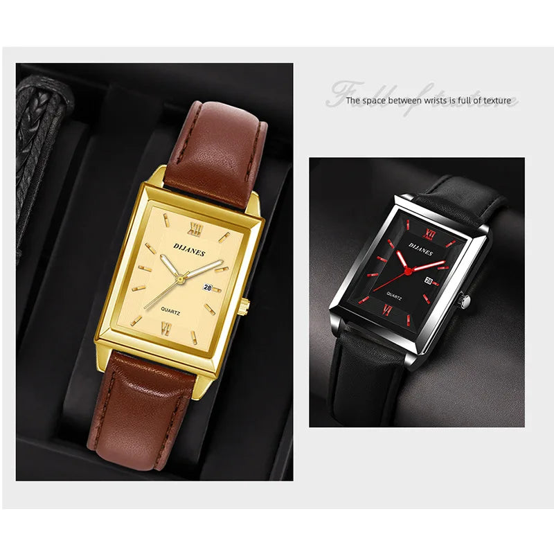 New Casual Leather Men's Square Quartz Watch Korean Student Calendar Watch Men Relojes Para Hombres