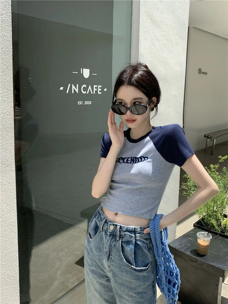 Y2K Women T Shirt Patchwork Letter Slim Fit Crop Tops Streetwear Casual Korean Fashion Short Sleeve Tshirts Bae Female Tees