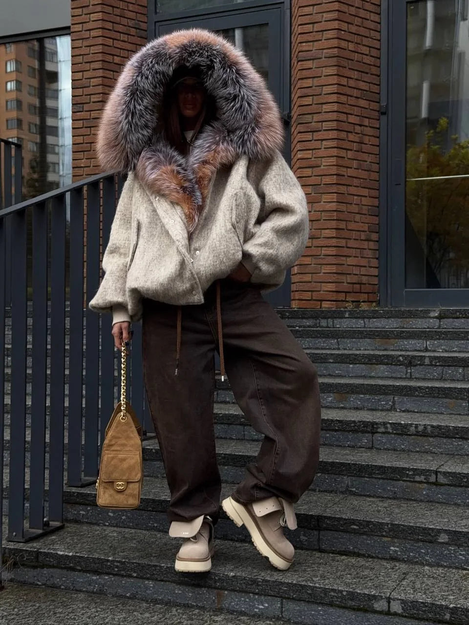 Vintage Faux Fur Woolen Jacket Women Fashion Thicken Hooded Pocket Lantern Sleeve Elastic Waist Coat 2026 Female Daily Outwear