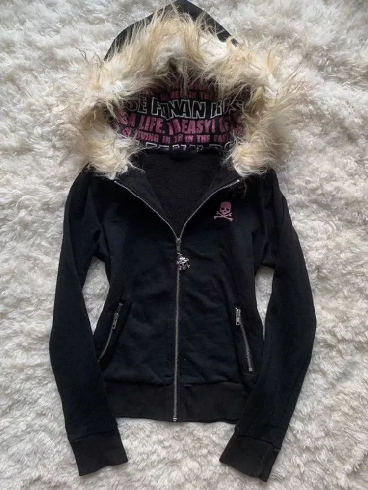 Black Goth Hoodie Women's Clothes Letter Skull Embroidery Zipper Y2k Coat Fashion Hooded Jacket Japanese Sweatshirts Y2K Tops