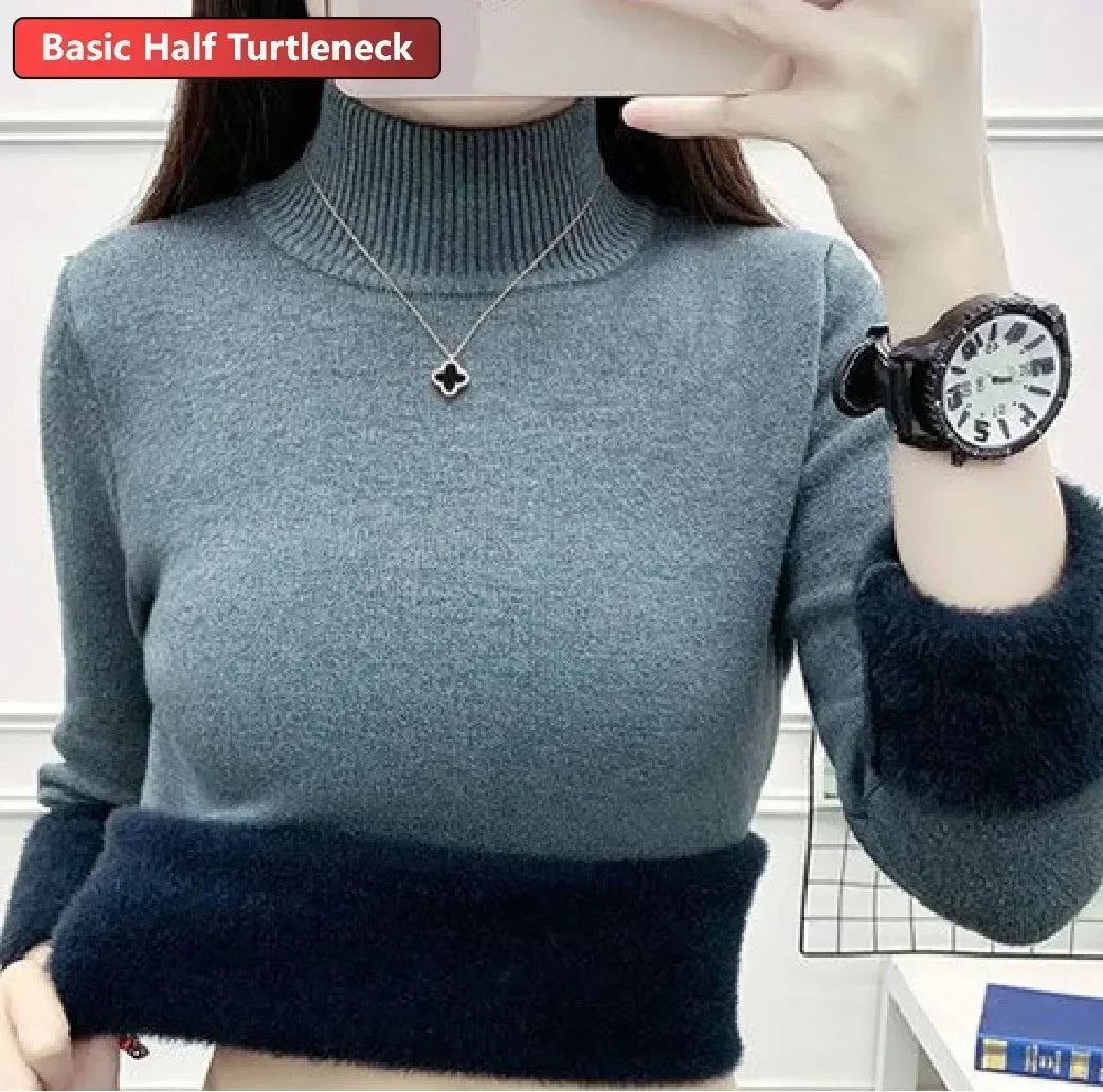 Winter Warm Sweater Pullover Women Slim Thicken Plush Velvet Lined Knitwear Jumper Korean Half Turtleneck Poleras Soft Knit Tops