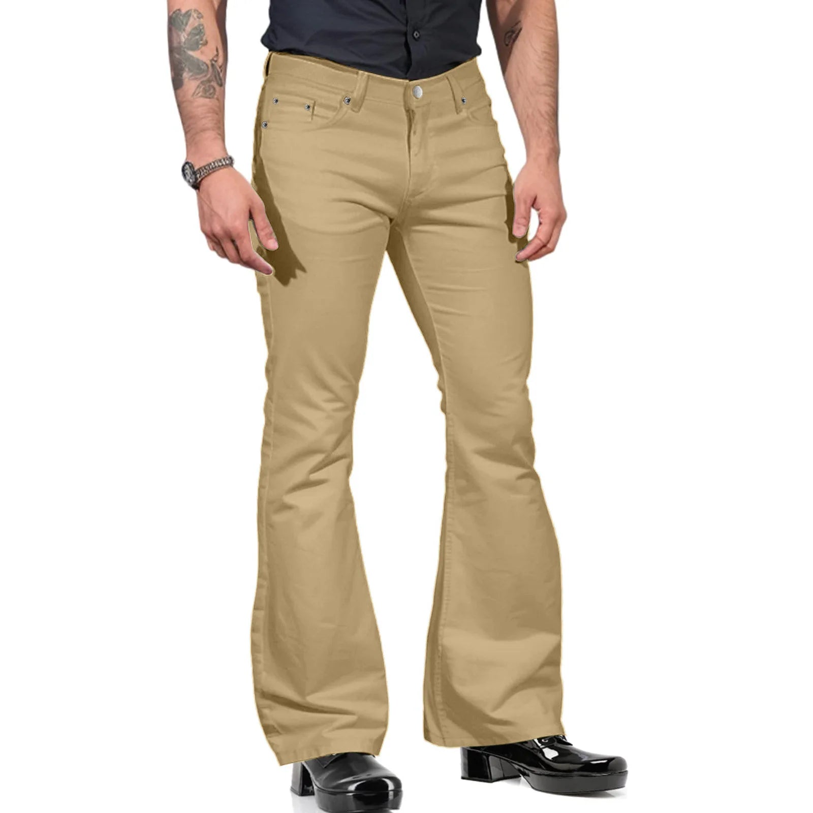Retro-inspired Flared Pants Men's Vintage Bell Bottom Wide Leg Jeans Solid Color Stretchy Slim Fit Mid-rise for Fashionable