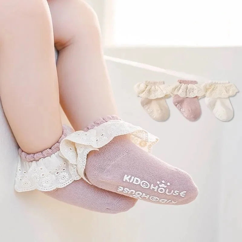 2Pairs/lot Baby Socks For Girls Spring Autumn Lace Princess Floor Newborn Socks Cotton Toddlers Infant Short Sock Anti Slip 0-3Y