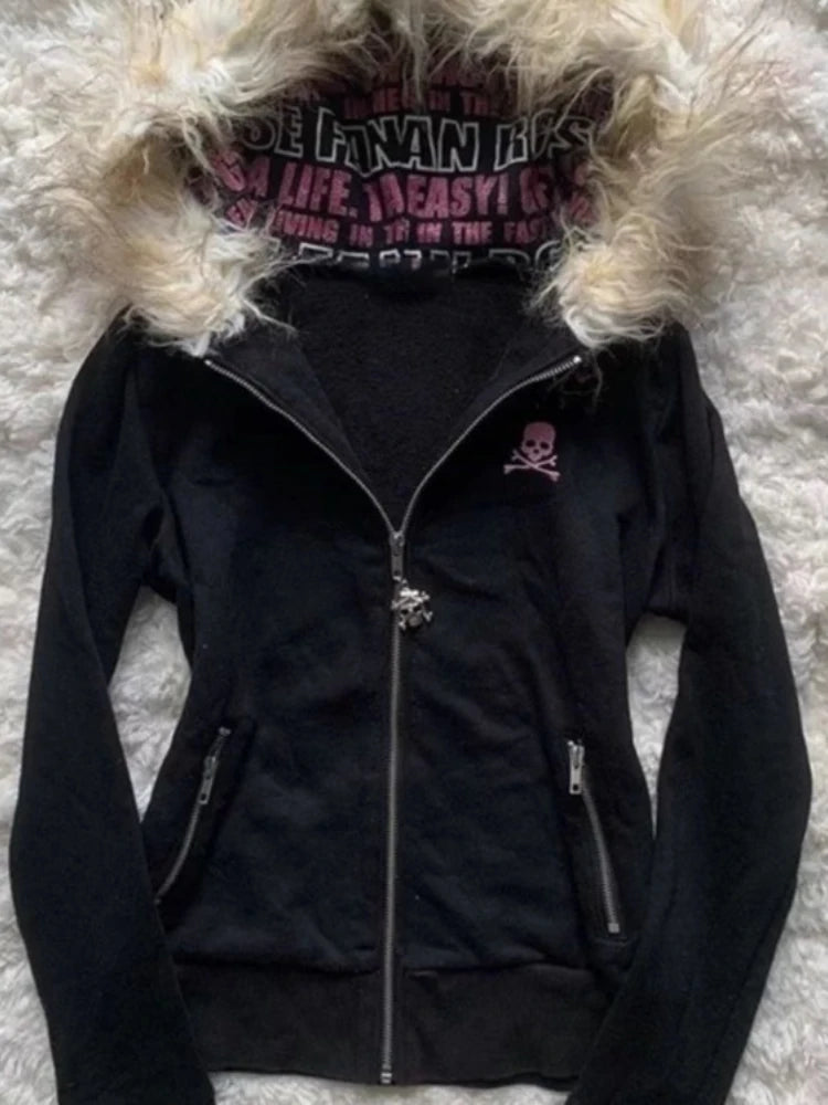 Black Goth Hoodie Women's Clothes Letter Skull Embroidery Zipper Y2k Coat Fashion Hooded Jacket Japanese Sweatshirts Y2K Tops