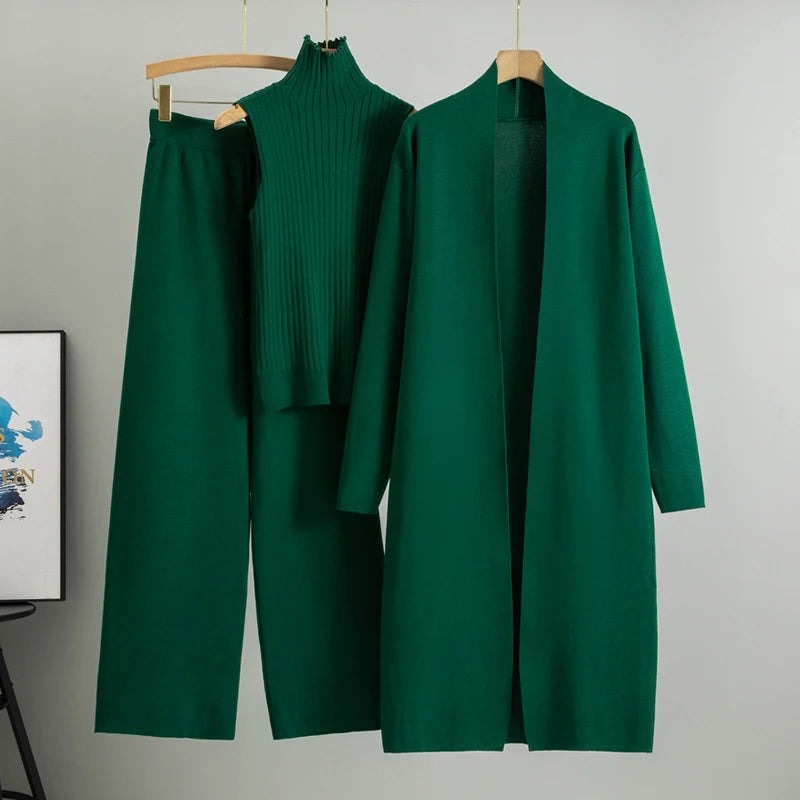 2026 Winter And Autumn Fashionable Elegant Women's Knitted 3-Piece Set cardigan Women's Sweater Women's Wide Leg Pants