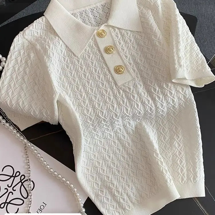 French High end Ice Silk Polo Shirt Women Summer Chic Thin Unique Jacquard Knitted Short Sleeve Loose White T-shirt Women Top