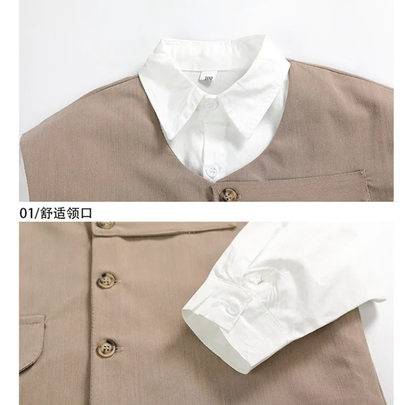 2026 Children Sets Shirts Turn-down Collar Vest Single Breasted Pants Ankle Length Loose Solid Soft Simple Casual Autumn Boys