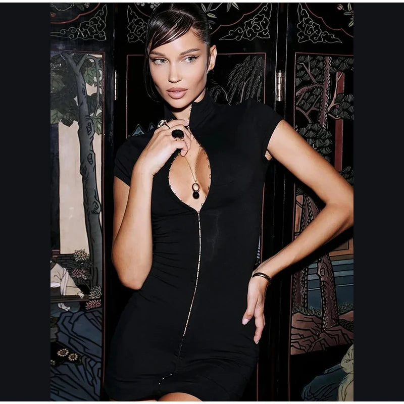 Black Women Hollow Out Slit Dress Sexy Short Sleeve Solid High Neck Slim Fit Maxi Dresses Lady Fashion Evening Party Club Robe