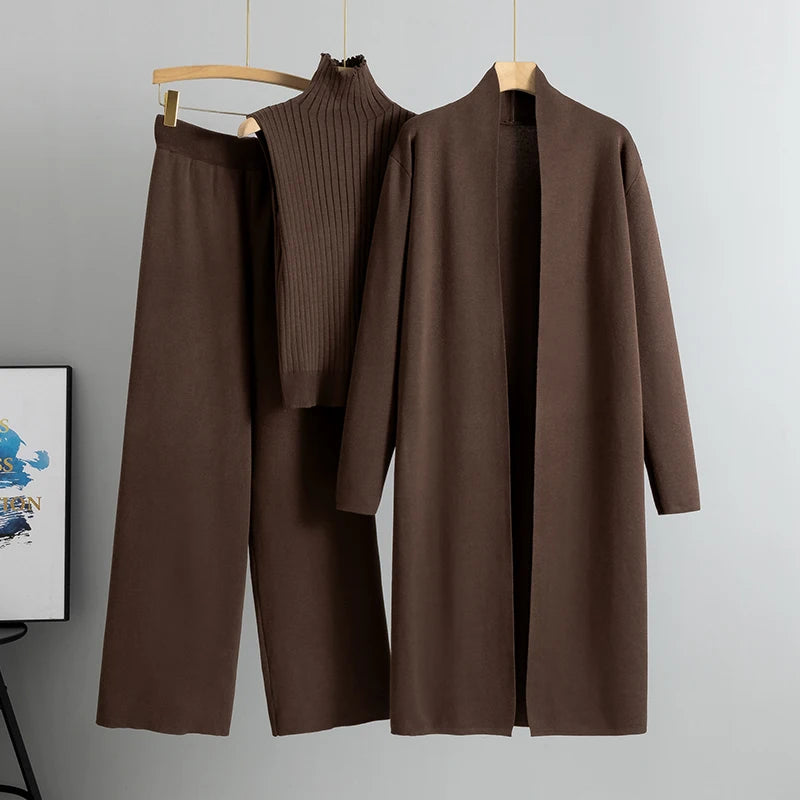 2026 Winter And Autumn Fashionable Elegant Women's Knitted 3-Piece Set cardigan Women's Sweater Women's Wide Leg Pants