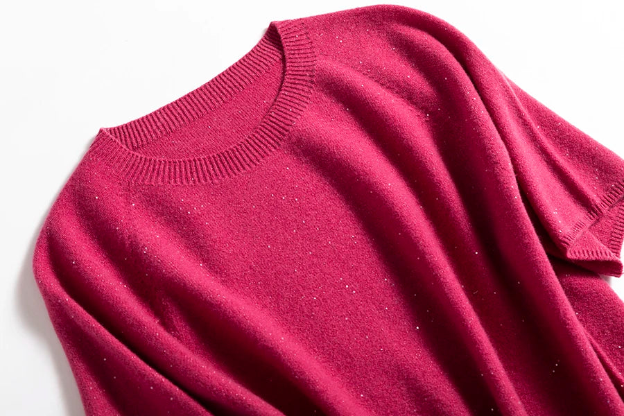 SuyaDream, 100%Merino Wool Pullovers for Woman, Round Neck, Short Sleeved Sweaters, 2025 Fall Winter Soft Warm Top, Pink, Olive