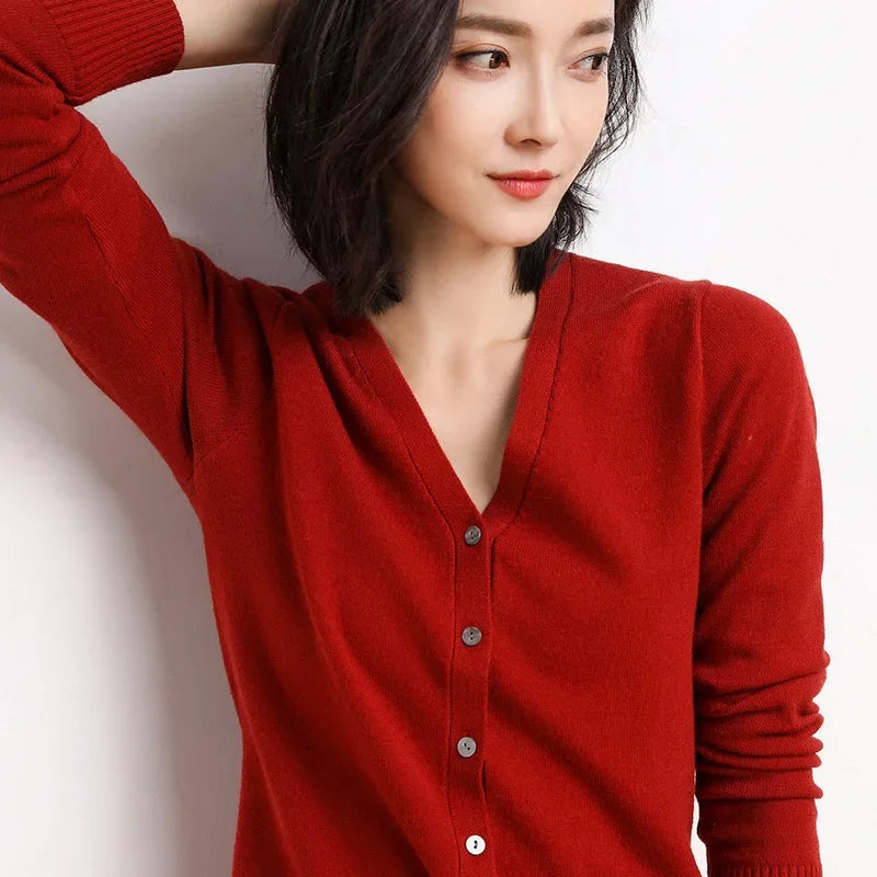 2025 Women Cardigans Long Sleeve Knitted Outerwear Solid Thin Spring Autumn Sweaters V-neck Knitwears Korean Fashion Cardigans
