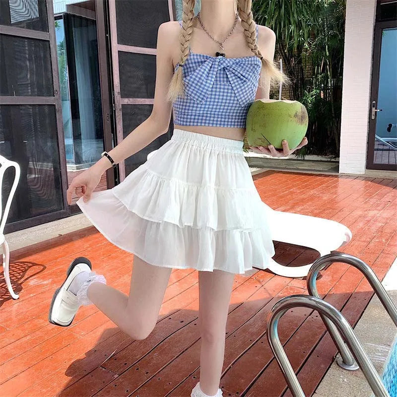 Pleated A-line Skirt White Women Ruffles Sweet Hottie Preppy Style Elastic Elastic Waist Slim Thin SimpleCasual Summer Wholesale