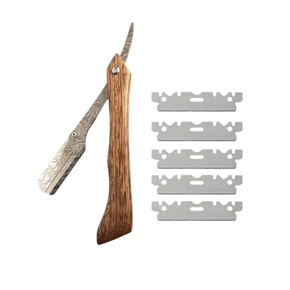Men Professional  Barber Straight Edge Razor with 5 Blades Men's Manual Shaver Salon Quality Razor (Wooden)