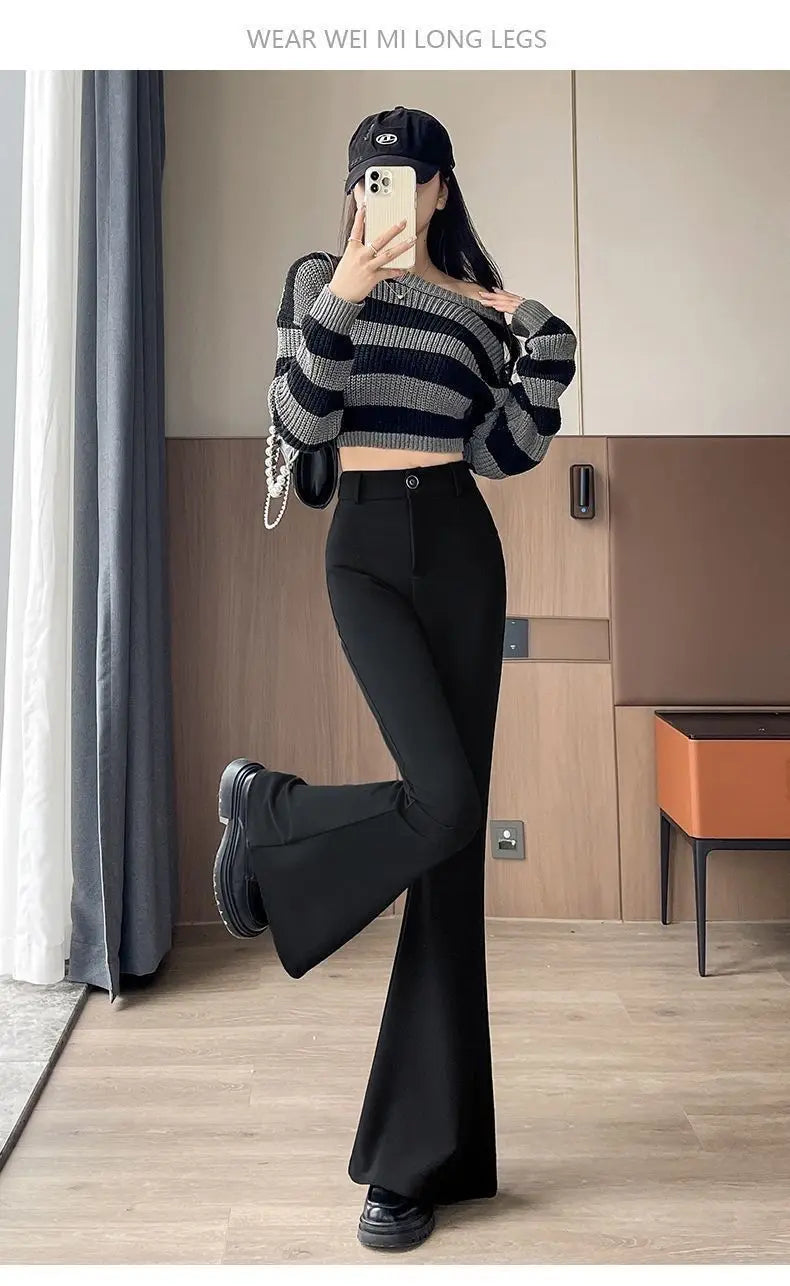 Women's High-Waisted Flared Pants Slim Fit Formal Trousers with Button Closure
