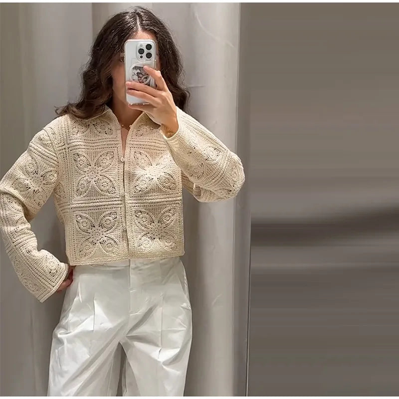 Sweater Crochet Tops Shorts Women Set Lapel Single Breasted Short Top Crochet Flower Hollow Out Shorts Casual Loose Woman Suits