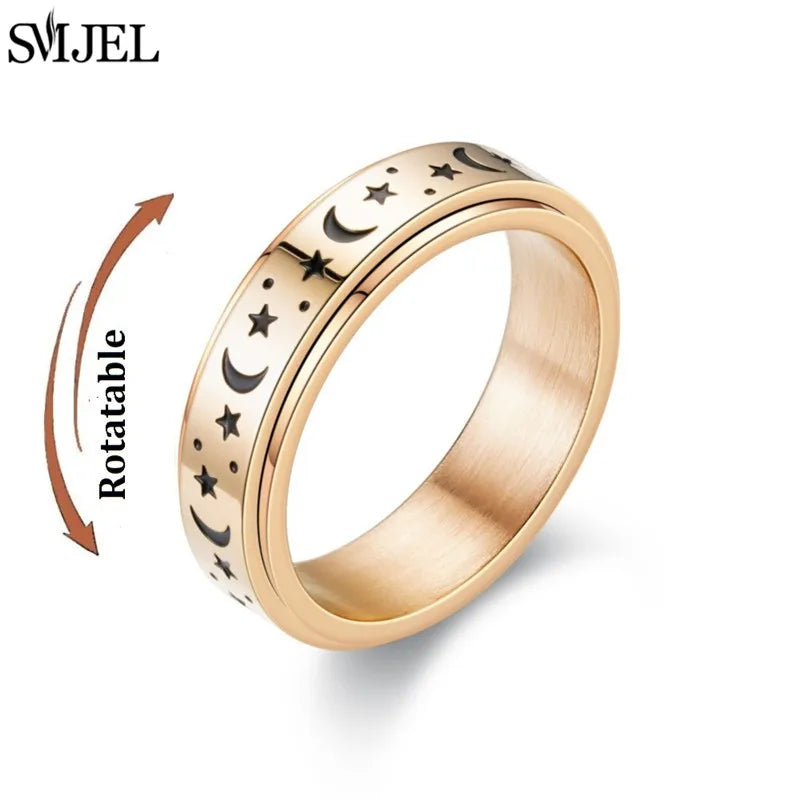 Fashion Star Moon Anxiety Relaxing Stainless Steel Rings for Women Men Metal Rotate Freely Spinner Ring Anillos De Hombres