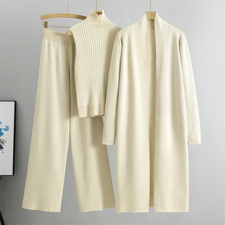 2026 Winter And Autumn Fashionable Elegant Women's Knitted 3-Piece Set cardigan Women's Sweater Women's Wide Leg Pants