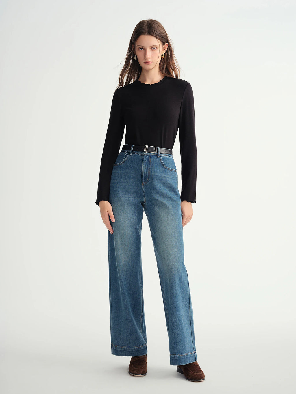 DUSHU Self-Heating Wool T-shirts Half-High Collar Soft Knit  Women's Longline Bralette Fall Winter Curvy Solid Color Pullovers
