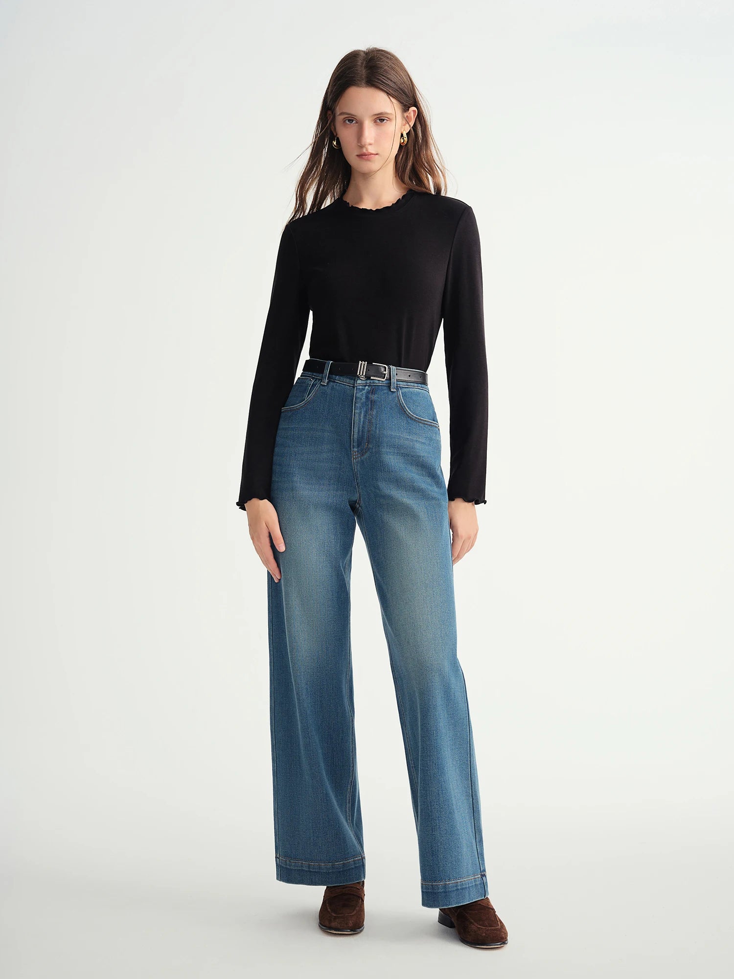 DUSHU Self-Heating Wool T-shirts Half-High Collar Soft Knit  Women's Longline Bralette Fall Winter Curvy Solid Color Pullovers
