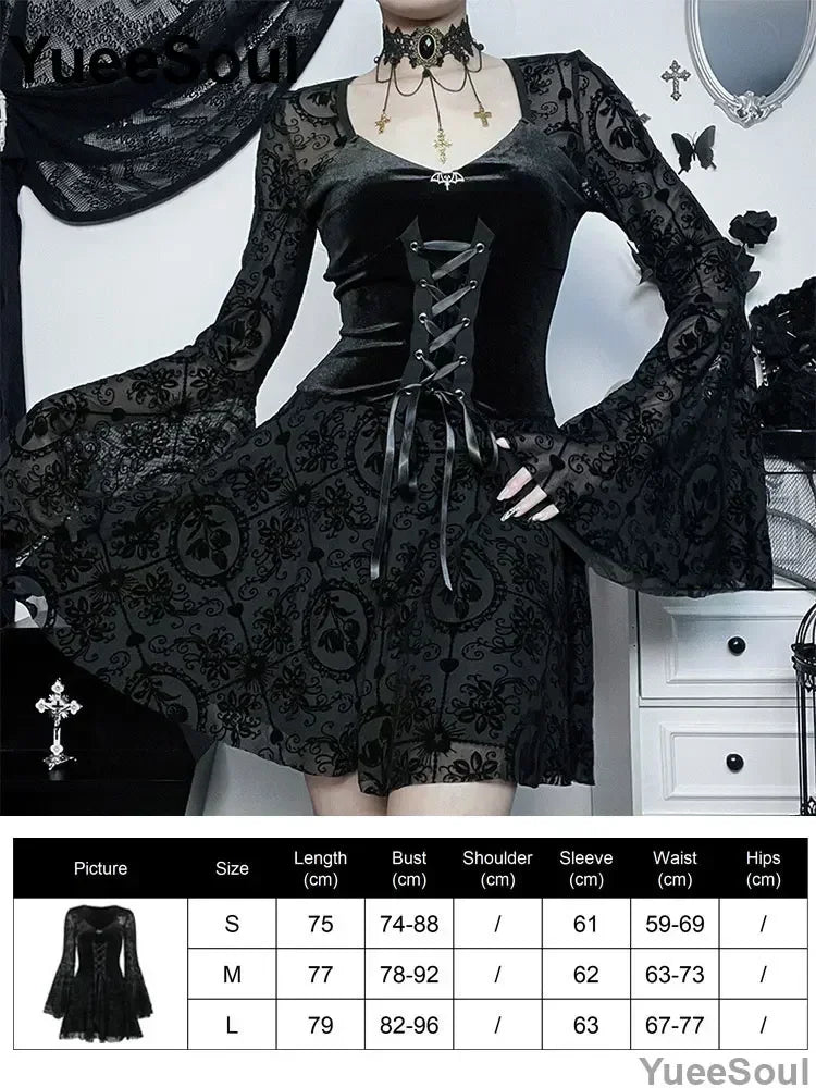 Halloween Gothic Grunge Punk Women Dress Long Sleeve Lace Slim Black Dresses 2026 New Y2K Harajuku Lolita Fairy Core Party Dress