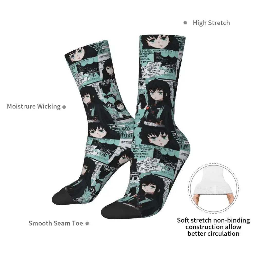 Custom Giyuu Tomioka Demon Slayer Men Women Crew Socks Unisex Kawaii Kimetsu No Yaiba Spring Summer Autumn Winter Dress Socks