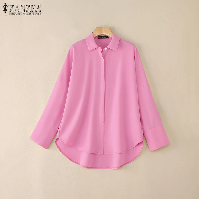 ZANZEA Oversized Women's White Shirts Turn-Down Collar Long Sleeve Button Up High-Low Solid Color Tops 2025 Autumn Streetwear