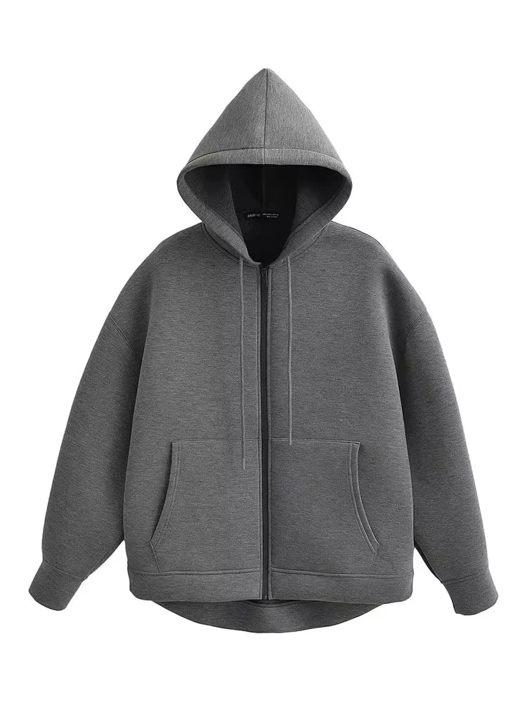 HH Winter New Women's Zipper Hoodie Coat High Street Double Pockets Jakcet Oversize Loose Sweatshirts Outerwear Top