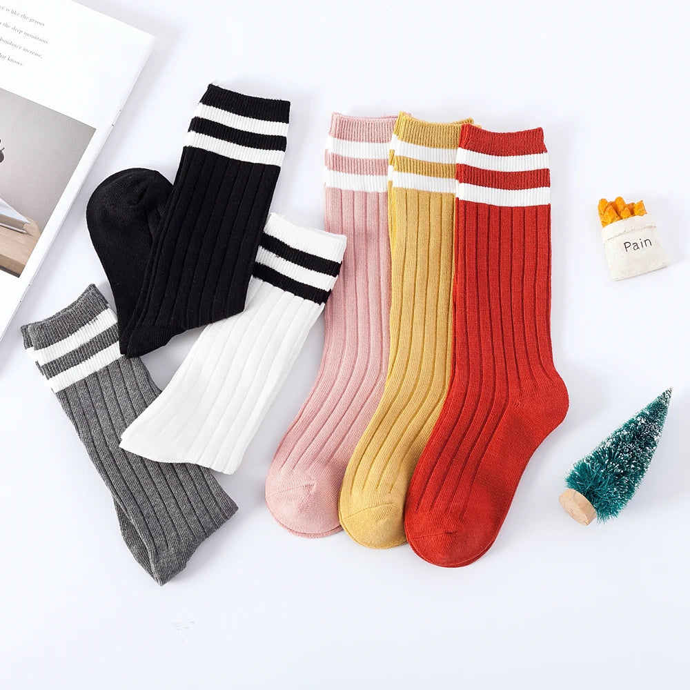 1 Pairs Kids Knee High Long Socks Autumn Winter Warmth Soft Cotton Children School Stocking Black White Stripes Sports Socks