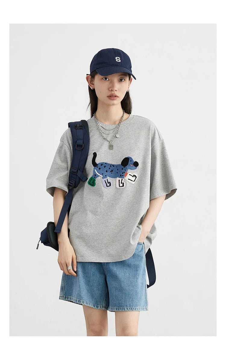 CHIC VEN Women T-Shirts Loose Streetwear Unisex Fun Dog Embroidered Short Sleeve Cotton Girl Tees Female Top Summer 2025