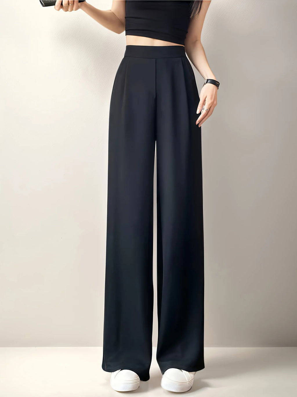 Women's suit pants with a high-quality drape, straight-leg casual style in black/gray, narrow to wide version, slimming and comf