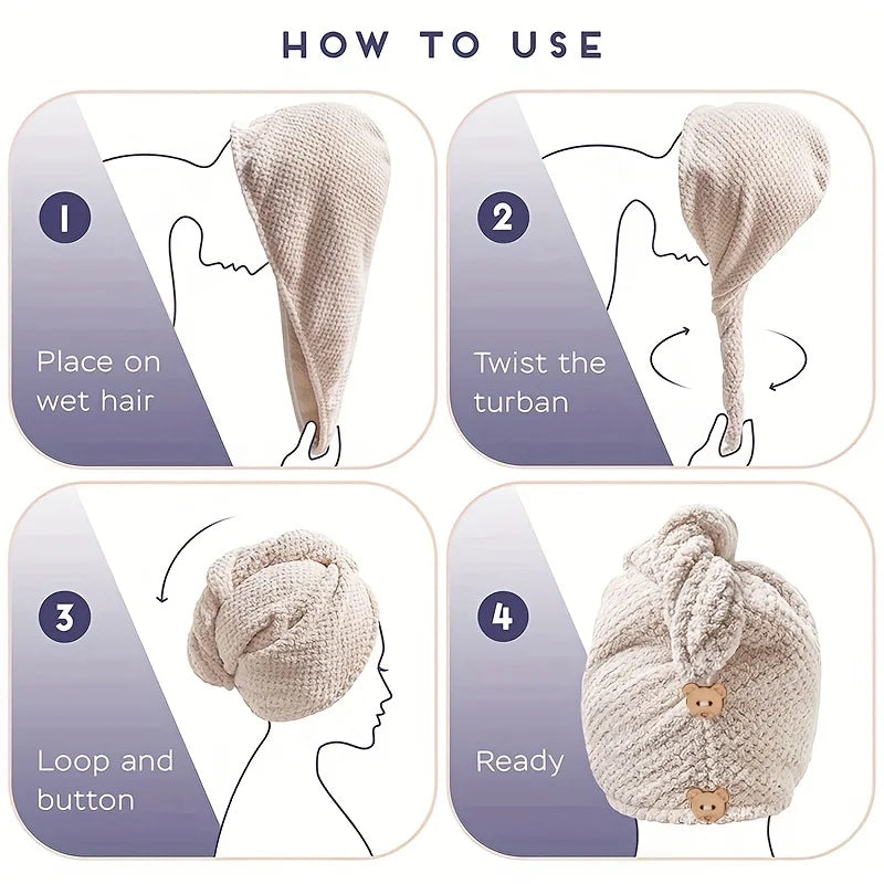 Solid Color Absorbent Hair Towel Wrap 9.8" X 25.5" Textured Dry Hair Cap for Button-Down Women