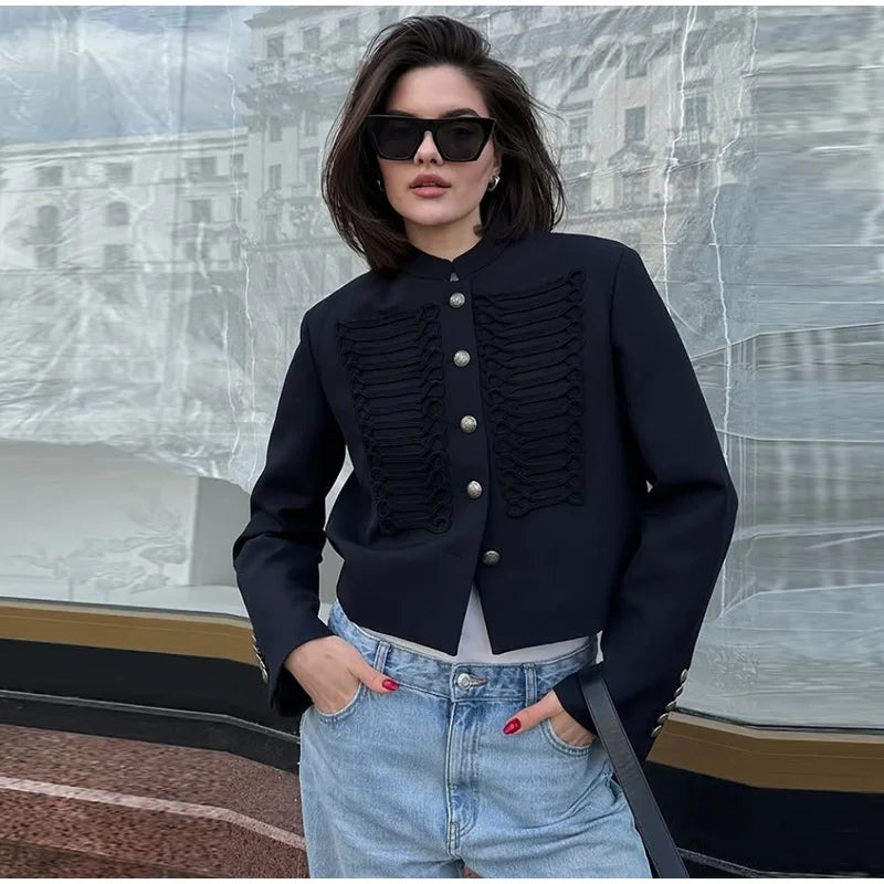 Women's Napoleon Style Black Cropped Jacket Coat Long Sleeve Tops Braided Button Trim Vintage Slim Fit Fashion Lady Outerwear
