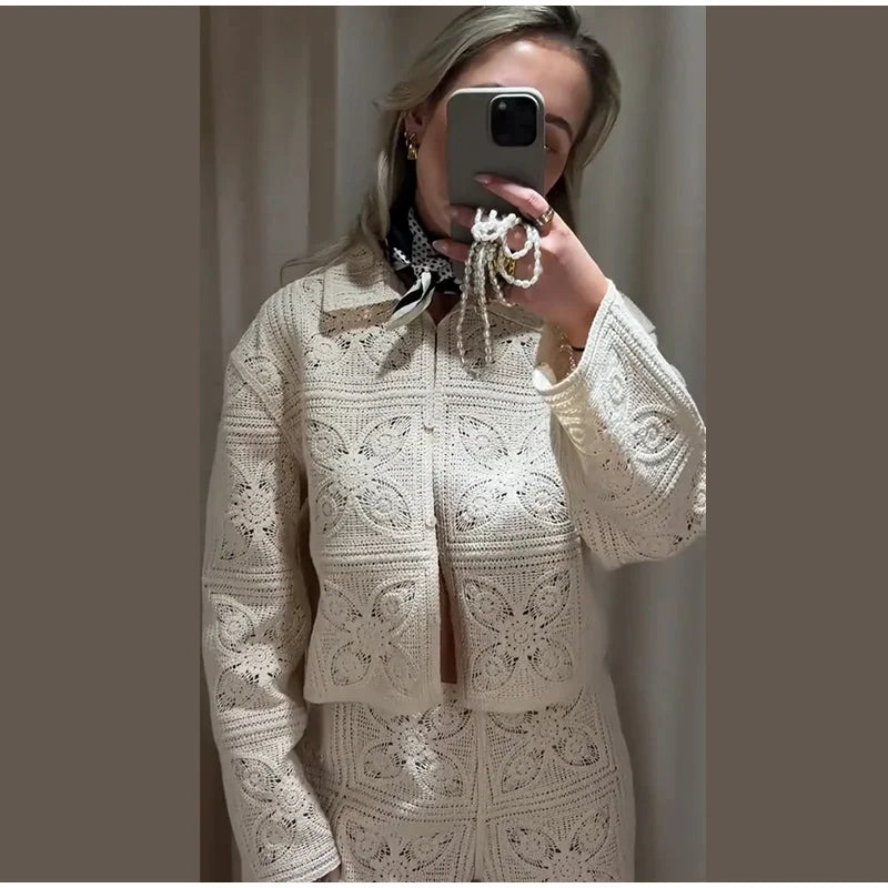 Sweater Crochet Tops Shorts Women Set Lapel Single Breasted Short Top Crochet Flower Hollow Out Shorts Casual Loose Woman Suits