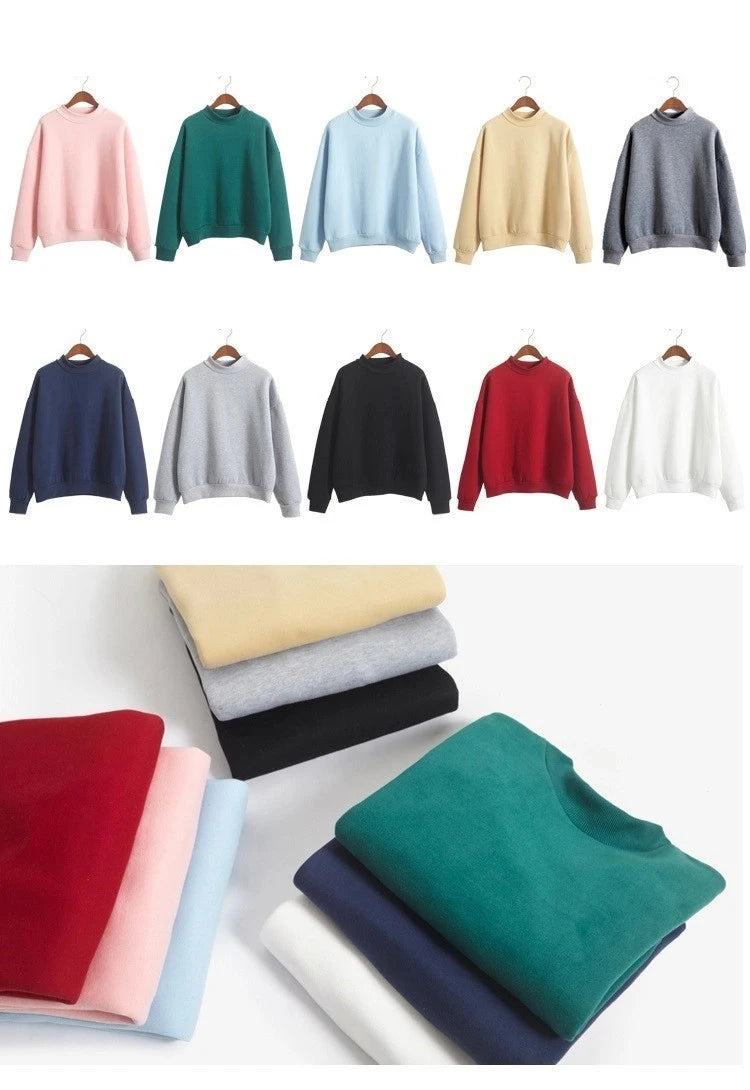 Fleecing Half High Neck Long Sleeve Casual Top For Women Clothing Autumn Winter Trend Solid Simple Pink Sweatshirts New Basic