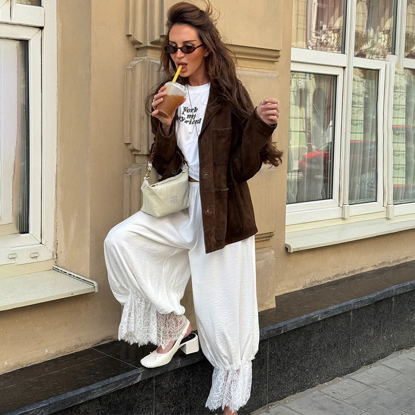 Linad Vintage Loose Lace Pencil Pants For Women White Elegant Elastic Waist Trousers Street Chic Ankle Length Pants 2025 Summer