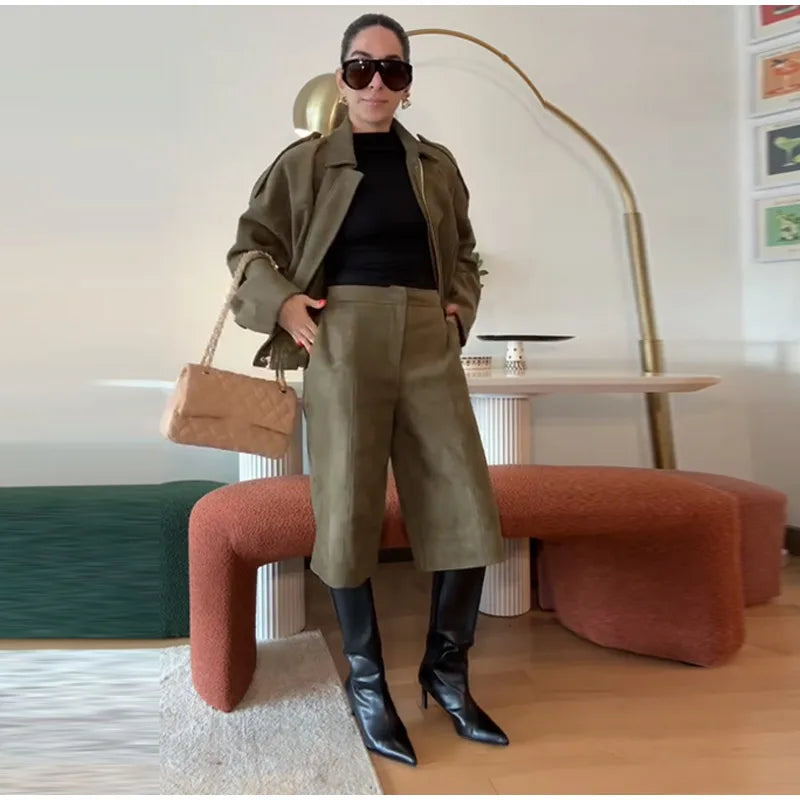 Fashion Coat Short Pant Women Set Casual Loose Lapel  Button Long Sleeve Female Jacket Suit 2025 Autumn High Street Lady Sets