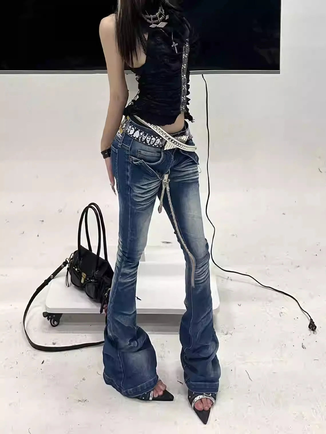 Women's Low Flare Jeans Cyber Punk Abi Y2k Japanese Skinny Bootcut Harajuku Goblin Core Long Trousers Denim Pants Bell Bottom