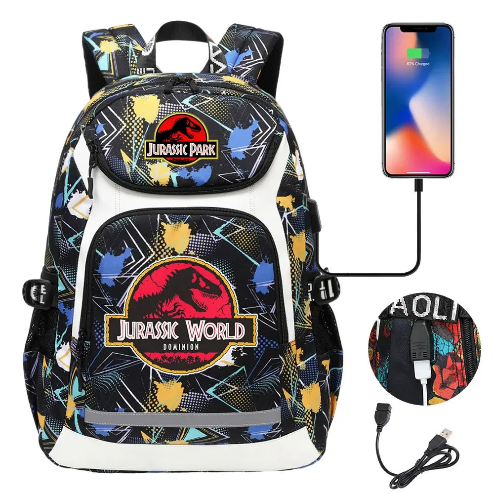Jurassic World Park Dinosaur Girls Boys Kids School Book Bags USB Teenagers Schoolbags Women Men Laptop Travel Backpack