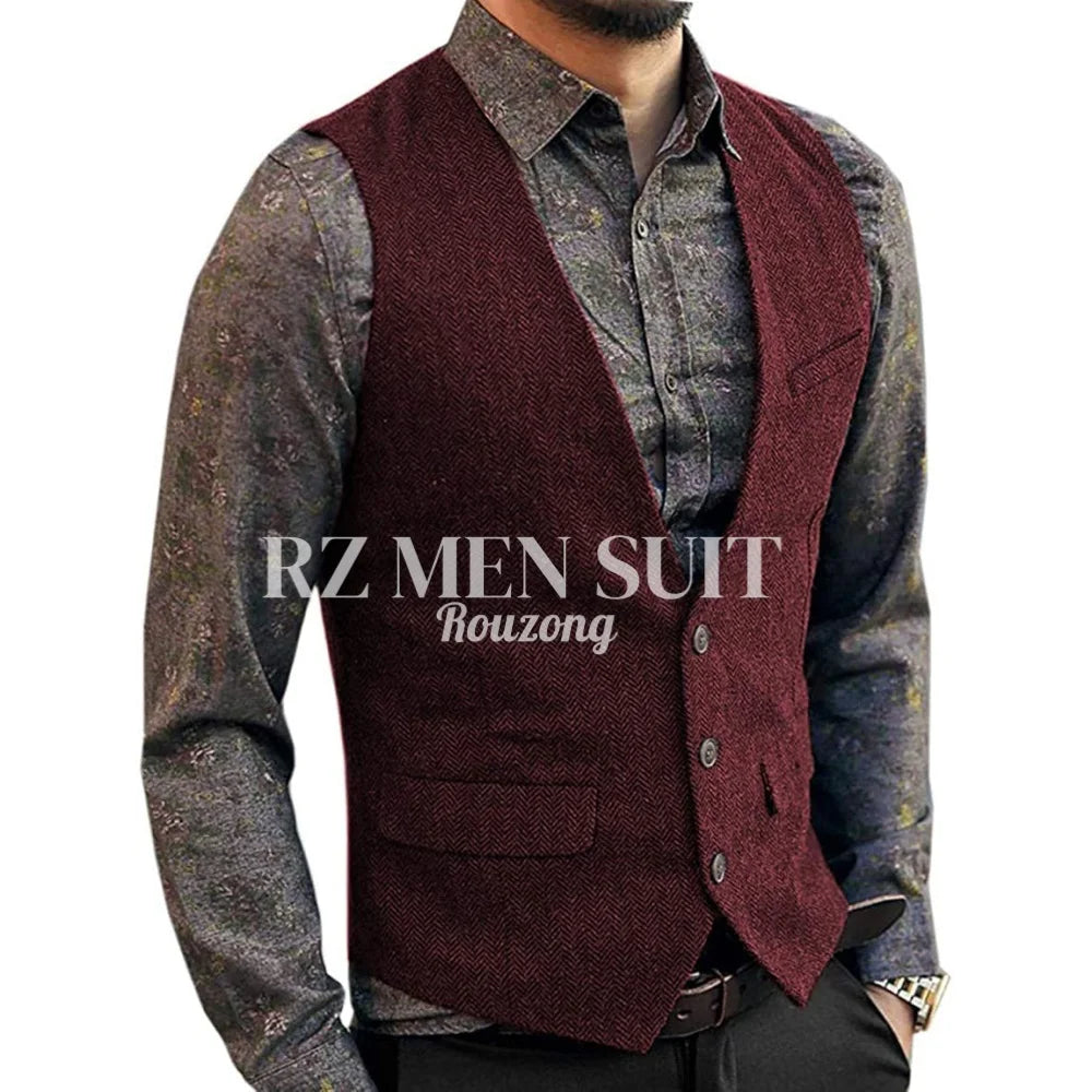 Men's Herringbone Tweed Wool Suit Vest Single Breasted Slim Fit Waistcoat Vest chaleco para hombre