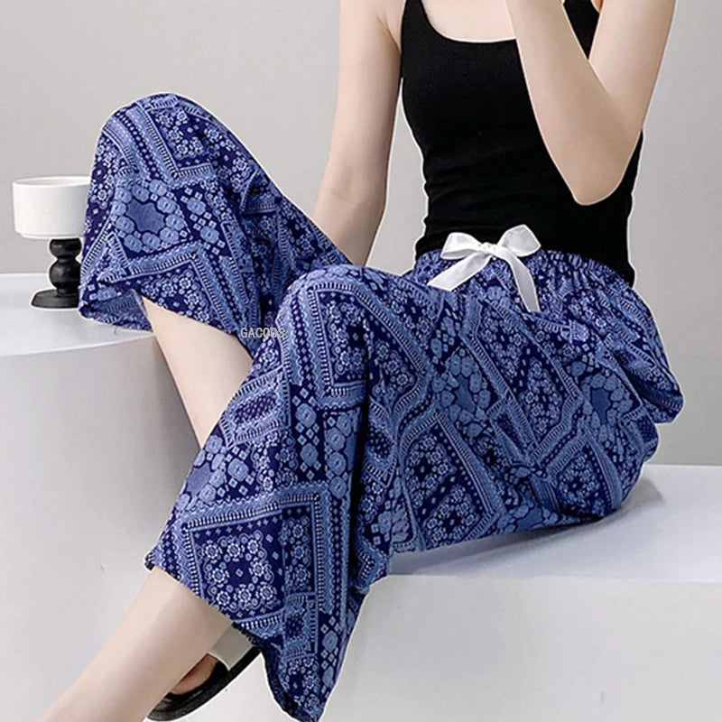 Women Casual Autumn Wide Leg Pants Floral Beach Trousers High Waist Boho Ethnic Style Calf Pants Four Season Girls Home Clothes