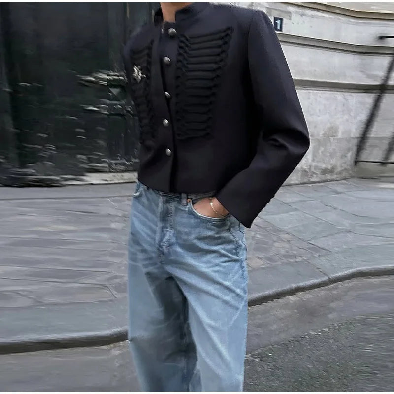 Women's Napoleon Style Black Cropped Jacket Coat Long Sleeve Tops Braided Button Trim Vintage Slim Fit Fashion Lady Outerwear