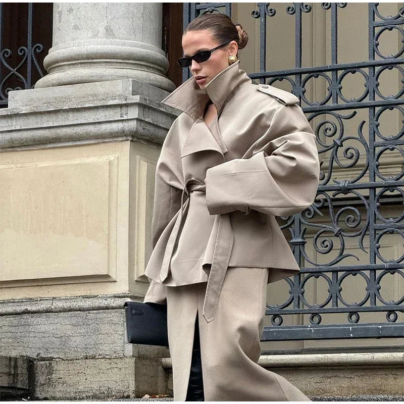 Solid Lapel Lace Up Trench Coat Women Fashion Full Sleeve Waist Cinching Short Windbreak New Autumn Office Commute Outwear 2026